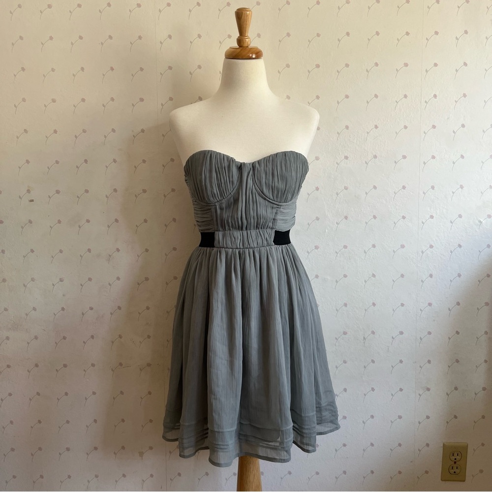 UO muted gray/light blue strapless sweetheart neckline chiffon dress